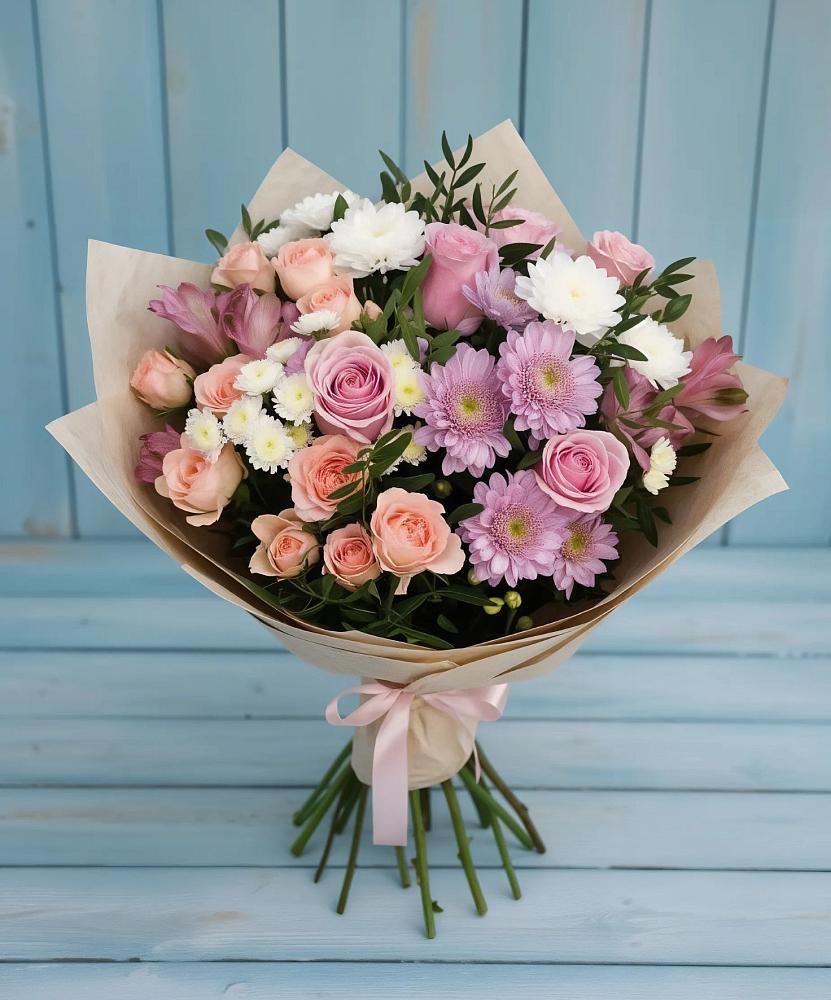 Букет цветов из: Хризантемы, Розы и Альстромерии в Раздольном Приморского края