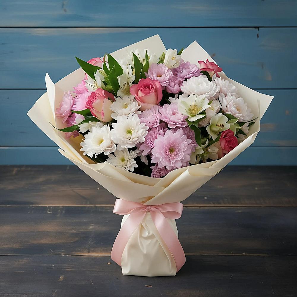 Букет цветов из: Хризантемы, Альстромерии и Розы в Раздольном Приморского края